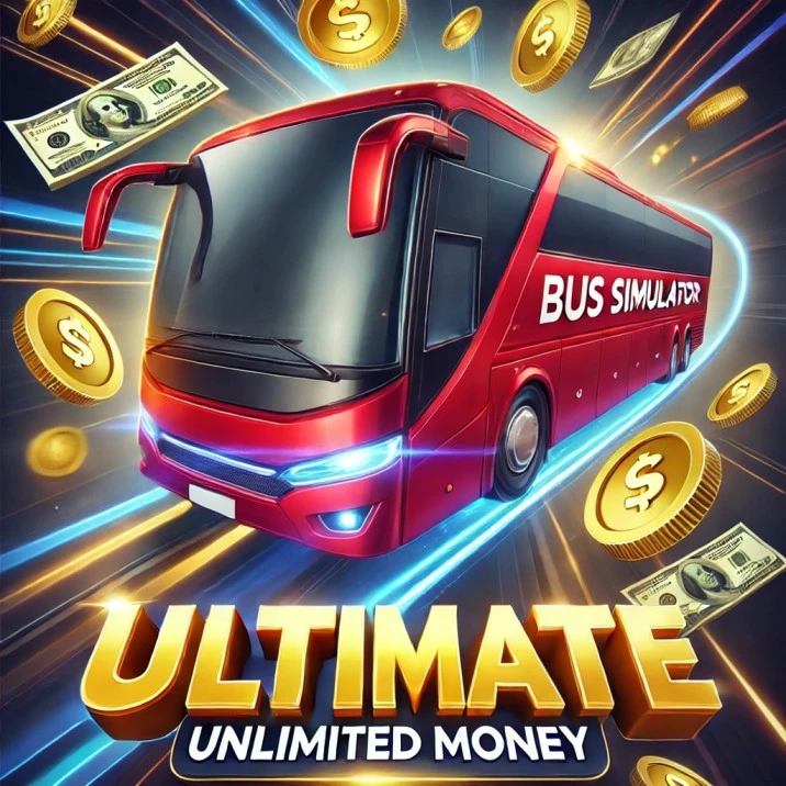 Red bus surrounded by gold coins and cash, representing the unlimited money feature in Bus Simulator Ultimate Mod APK